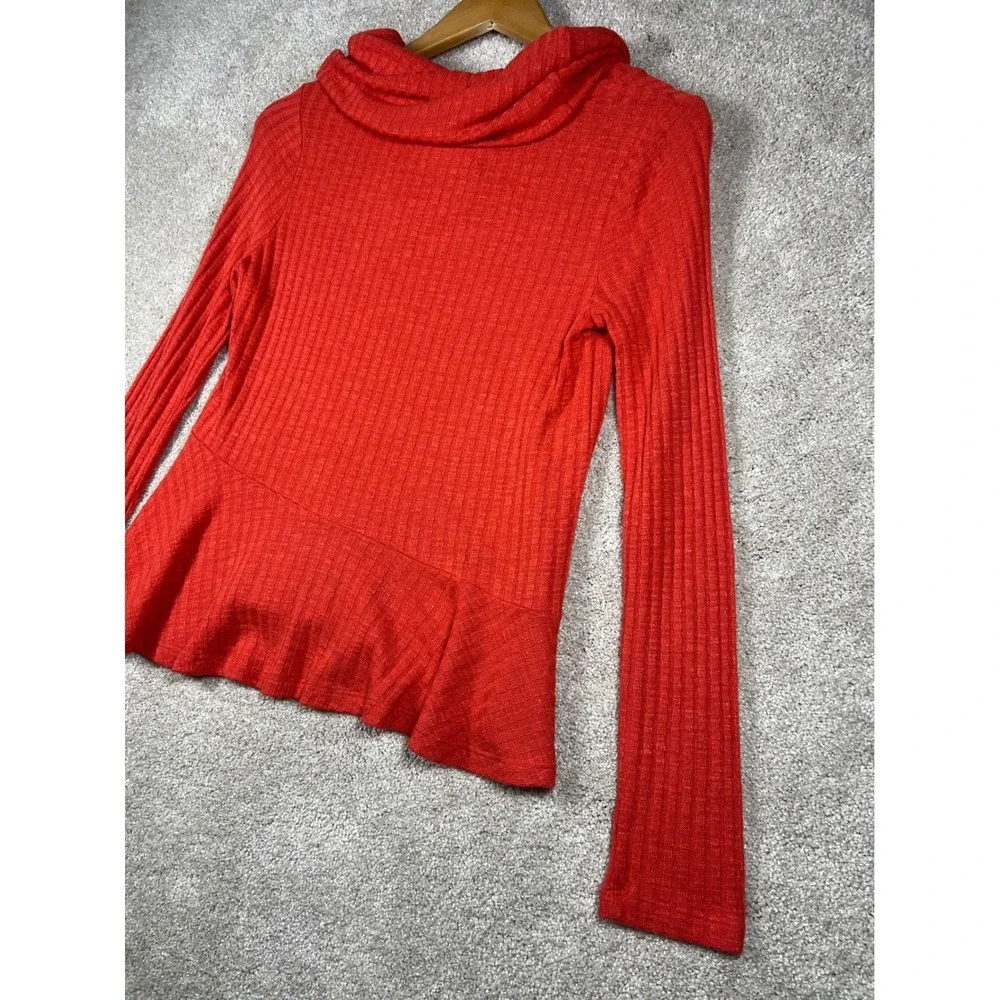 Anthropologie Mauve XS Orange Ribbed‎ Sweater Cowl Neck Peplum Top Knit Retro